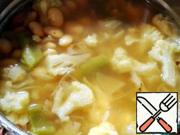 With a pot of soup added Bulgarian
pepper for flavor. Put the browned
onions, Bay leaves and ground red pepper.
I cooked soup for 20 minutes.