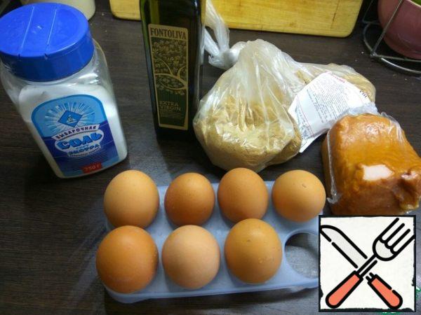 Prepare the main ingredients for the dish. Next, you need to boil 6 eggs in salted water for 15 minutes, cool, peel.