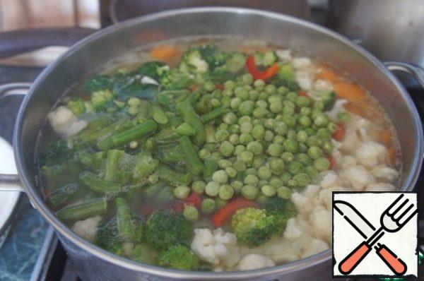 Green peas and beans, bring to a boil again and cook until vegetables are ready.