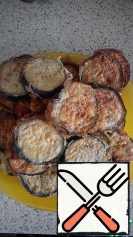 Each piece of eggplant dipped in batter and fry on both sides until tender. For batter whisk eggs, add 1 tablespoon of flour and a little water. I did not salt the egg batter, as the eggplants are salty.