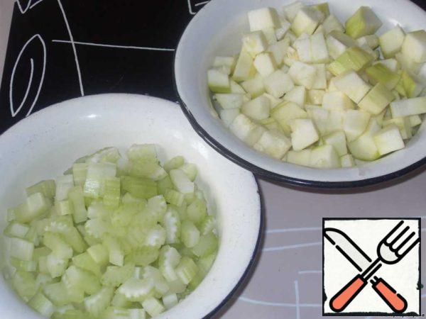 Cut celery and zucchini into cubes.