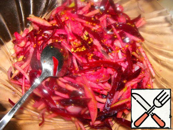 Mix vegetables, fruits and herring with the dressing and let it stand in the refrigerator for a couple of hours.