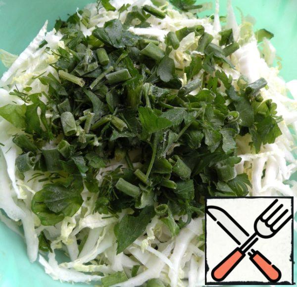 Chop the cabbage (salad) and add the greens. I had dill, parsley and green onions.
