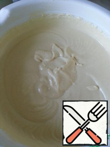 Add eggs one by one, each time whipping, then milk, baking powder, vanillin. Flour add as much to get the dough as not too thick sour cream, but not liquid, about 2.5 cups. The dough turns out a little bit with grains, do not be afraid, it should be.