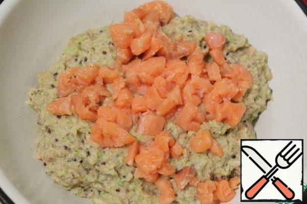 The remaining salmon cut into small dice and add to stuffing, mix well.