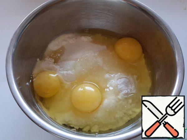 For pancakes, mix flour with salt, sugar, baking powder, add eggs.