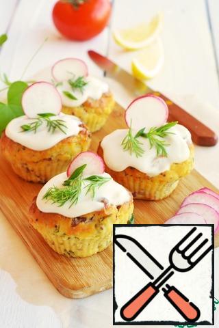 For beauty, I smeared the tops with mayonnaise and decorated with herbs and radishes.