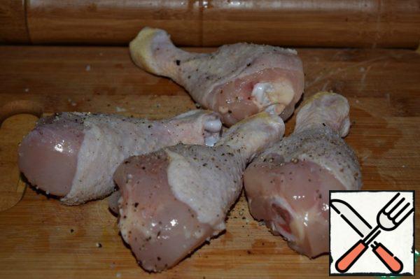 Add salt and pepper to chicken shins (or thighs, or legs, any part of chicken).