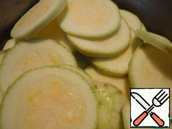 Zucchini cut into thin slices, about 2-3 mm thick.