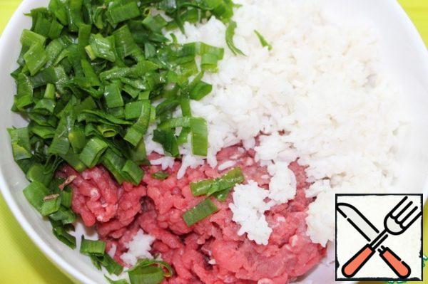 Add the cooled rice and chopped green onions to the minced meat. Stir.
