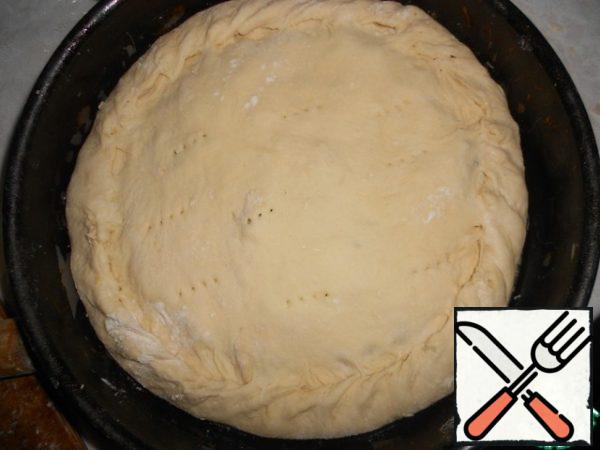 Roll out the second round of dough and cover them with cake, pinch the edges.
Let the cake melt in a warm place for 20-30 minutes.