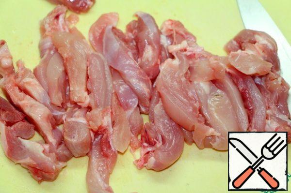 Chicken fillet cut into strips or cubes, not large.
