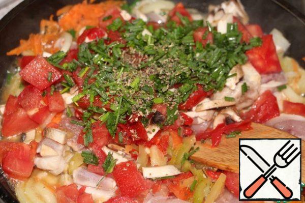 Add green onions, dry basil, salt, pepper.

