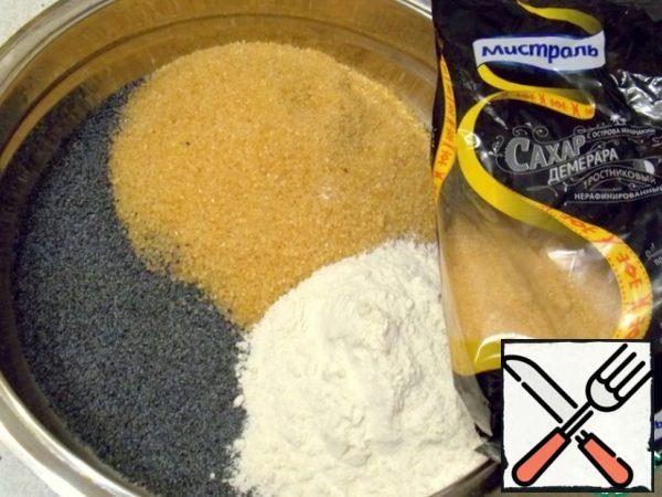 In a bowl, mix the poppy seeds, sugar, flour, vanilla and baking powder. A 200 ml glass.
