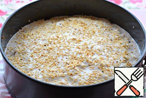 Squeeze out the remaining dough evenly from above. Smooth it out with a shovel. Sprinkle the top of the cake with sesame seeds.
