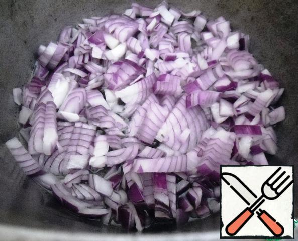 Onions cut into medium cubes, lightly fry in vegetable oil.
