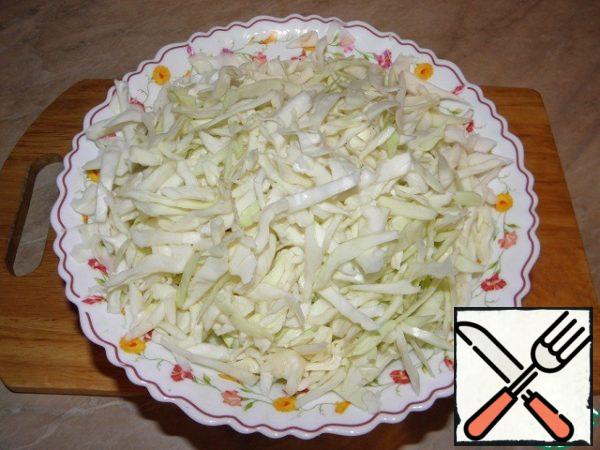 Thinly shred cabbage, removing the stalk and too hard pieces from the base of the cabbage leaf. Too long straw cut in half. Salt and shake her with her hands.