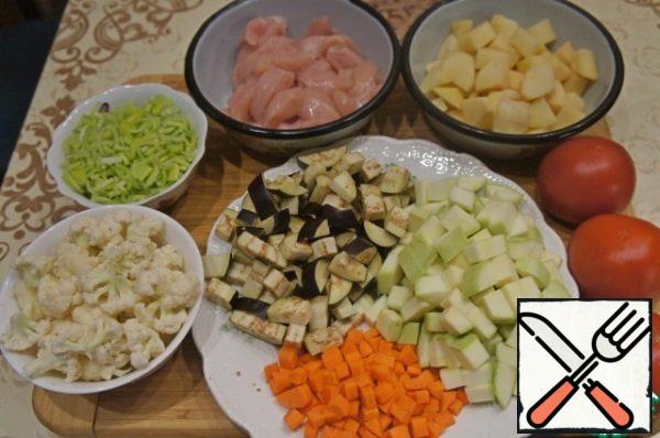 Cut the meat into slices, small potatoes, and carrots into small cubes, zucchini and eggplant cubes or large cubes, cabbage disassemble into florets, slice the leek into polyolefine.