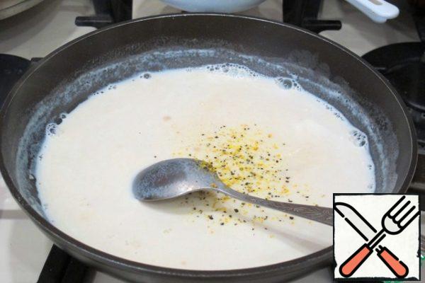 For the sauce:Add 1 tablespoon of flour to a dry frying pan, fry the flour in a dry frying pan until light cream color. Then gradually pour the milk (300 ml.) to Boil the sauce over low heat until lightly thickened, add salt and lemon pepper to taste.