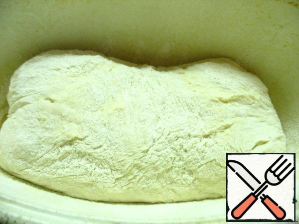 Shift the seam down into the form, cover with a lid (if the pan is deep and there is a place where to rise the dough) or a floured towel, and on top of polyethylene. Leave for half an hour, the bread has risen twice. Turn on the oven to heat up.