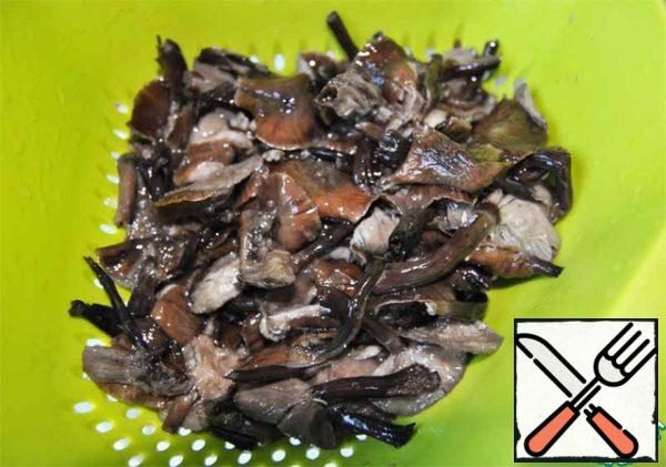 To prepare this snack, you can use any mushrooms: fresh, frozen, even pickled. I used personally collected, boiled and frozen honey agarics. Mushrooms (frozen) put in a colander and let them thaw.