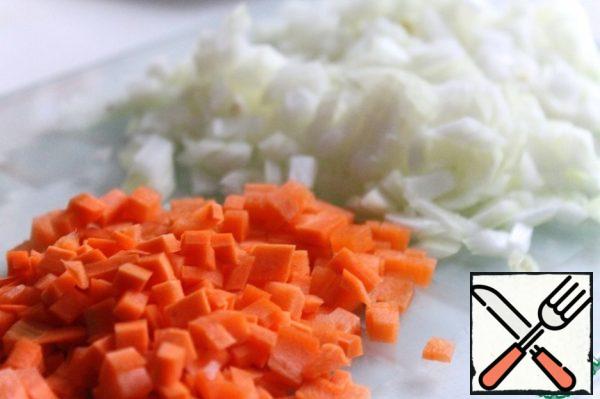 Carrots and onions cut into small cubes.
