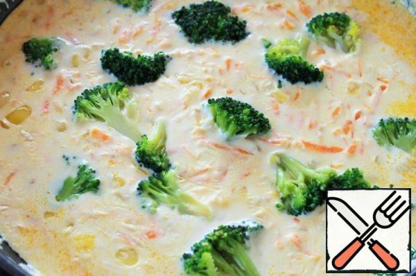 Disassemble the broccoli into inflorescences and scald with boiling water, let it brew for 3 minutes. Add milk and cream, salt, sugar and pepper. Reduce the heat to low and simmer for another 5 minutes until the sauce thickens.