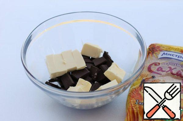 Break the chocolate into pieces, cut the butter into cubes.
Melt the chocolate and butter in a water bath until smooth. Remove from the water bath and add 200 g of brown sugar and vanilla sugar. Stir with a whisk. Allow the mass to cool slightly, for 10 minutes.