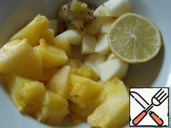 From fruits I prefer oranges and pineapple. Wash them, remove the orange peel and seeds,and pineapple peel and core. Cut them into pieces.