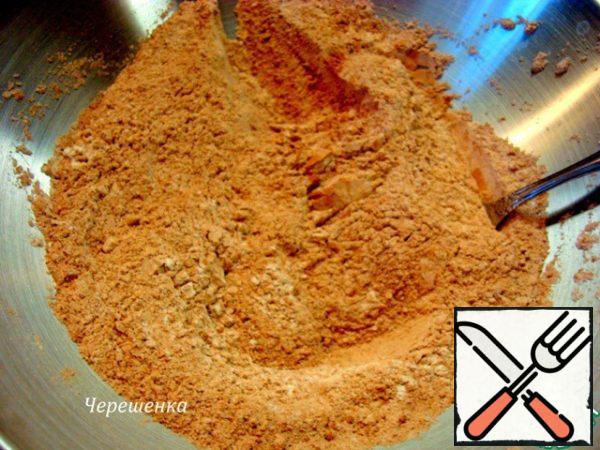 Separately, in a bowl, mix the flour, baking soda, baking powder, salt, nutmeg, cinnamon and cocoa powder.