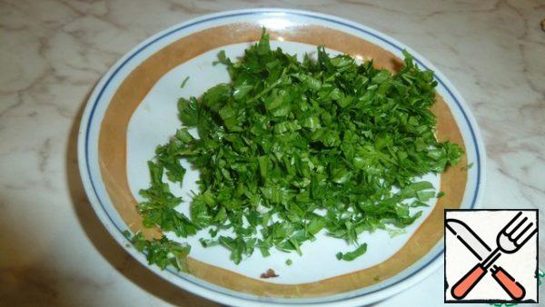 Crushed greens (I have parsley, but with cilantro or dill, too, tasty). Garlic chopped.
