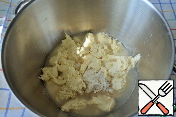 Start testing. Process the pieces of sourdough, put them in a bowl of a combine, add all the other ingredients + 1.75 g of yeast, leave for 20 minutes.

