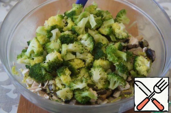 Put the mixture in a bowl, add broccoli, stir and set aside, let cool.