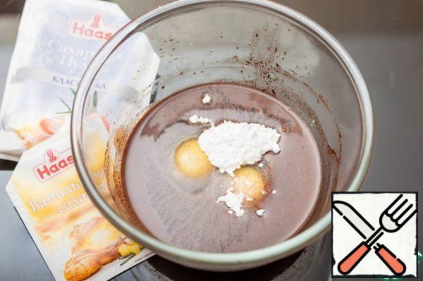 Add flour, baking powder, sugar , 2 eggs, vanilla sugar, whisk again.