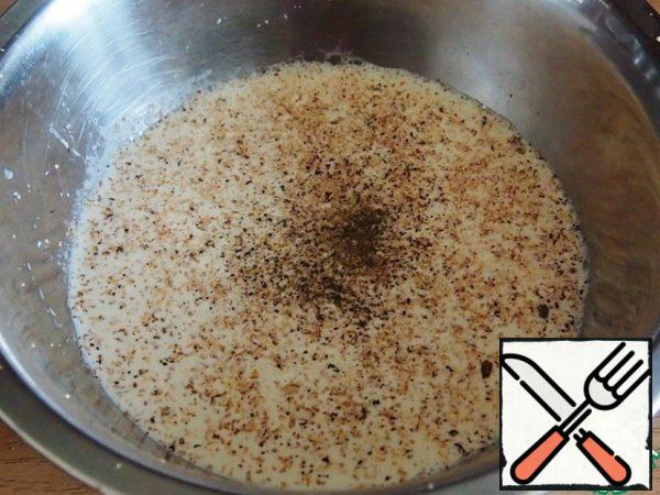 Cream (you can have any fat content) a little salt, pepper, add nutmeg, beat the eggs and mix.
