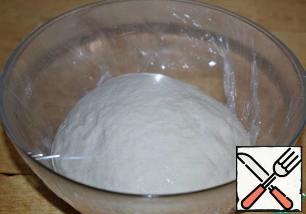 Put the dough in a Cup, greased with vegetable oil, tighten with cling film and put in a warm place for 45-50 minutes for the approach.