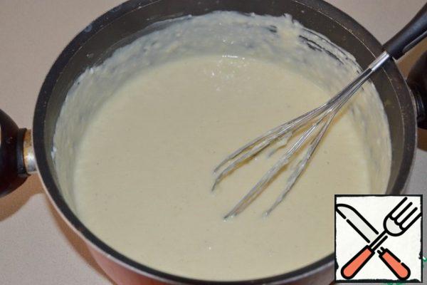 Then add the grated cheese and mix again.
The sauce should taste for salt.
You may think it should be a little salted.