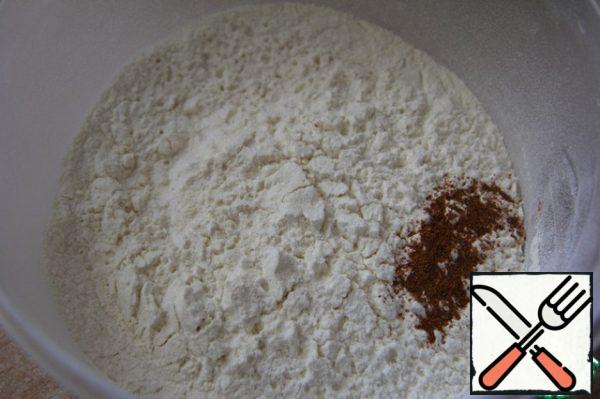 Mix dry ingredients: flour, salt, baking powder, chili pepper.