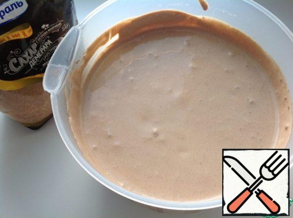 Grind the sugar into a powder in a coffee grinder.
In the bowl of the mixer, add cream cheese, cream, cocoa, espresso powder, almond or vanilla extract and whisk on medium-high speed until soft peaks.
Gradually add powdered sugar, without ceasing to beat, until solid peaks form.