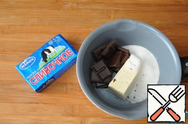 For cooking, take butter.
Put butter, sugar, dark chocolate broken into pieces in a saucepan, heat over low heat until completely dissolved.