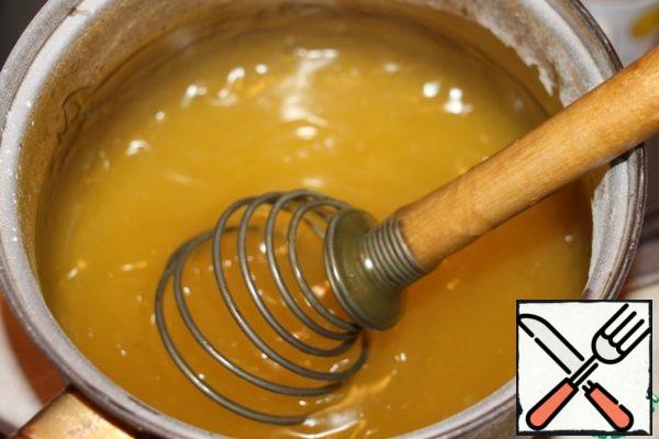 Pour the dissolved gelatin into the finished hot pudding, mix, cool.
