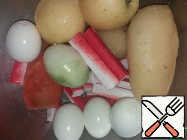 And these are products for salad) boil potatoes, carrots and eggs and peel, onions and apples just peel) Crab apple is also exempt from packaging)
