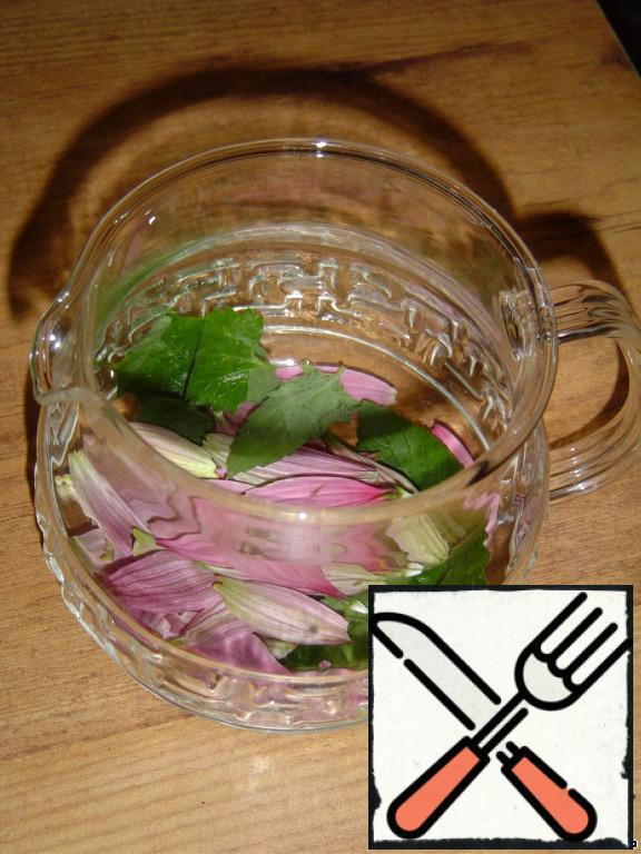 Echinacea petals (you can use dried) and mint pour boiling water and allow to infuse for 10-15 minutes.