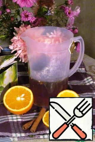 Boiling water brew herbs, add tea, orange juice, cinnamon, vanilla. Can be orange cut into circles for beauty.