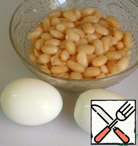 Beans pre-soak and boil until tender.
Eggs boil hard boiled, to clear.