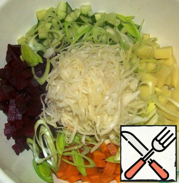 Connect all in a large bowl. Add sauerkraut. At this stage, salt and pepper salad.