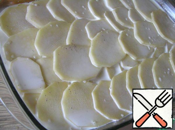 Put the remaining potatoes on top, season with salt and pepper and add cream. Cover the form with foil.
