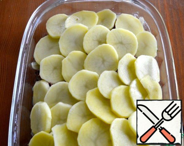 The last layer will be potatoes. Preheat oven to 200 degrees. Tread carefully on the corners of the mold, pour in warm stock (or water).