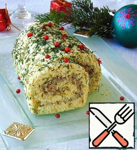 Before serving, decorate the top with chopped dill and pink pepper.
Cut the roll portions.