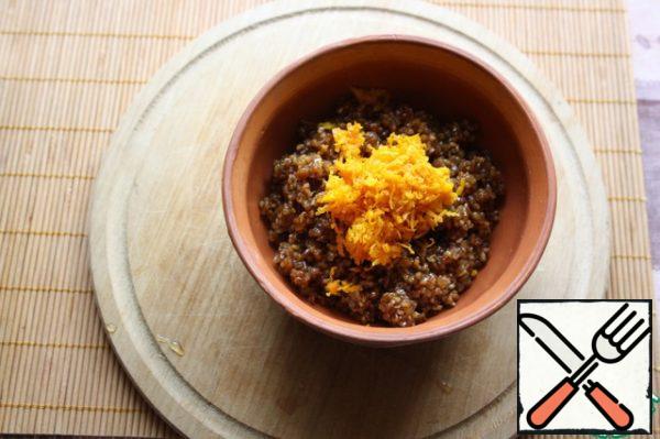 Mix bulgur with caramelized orange peel.
